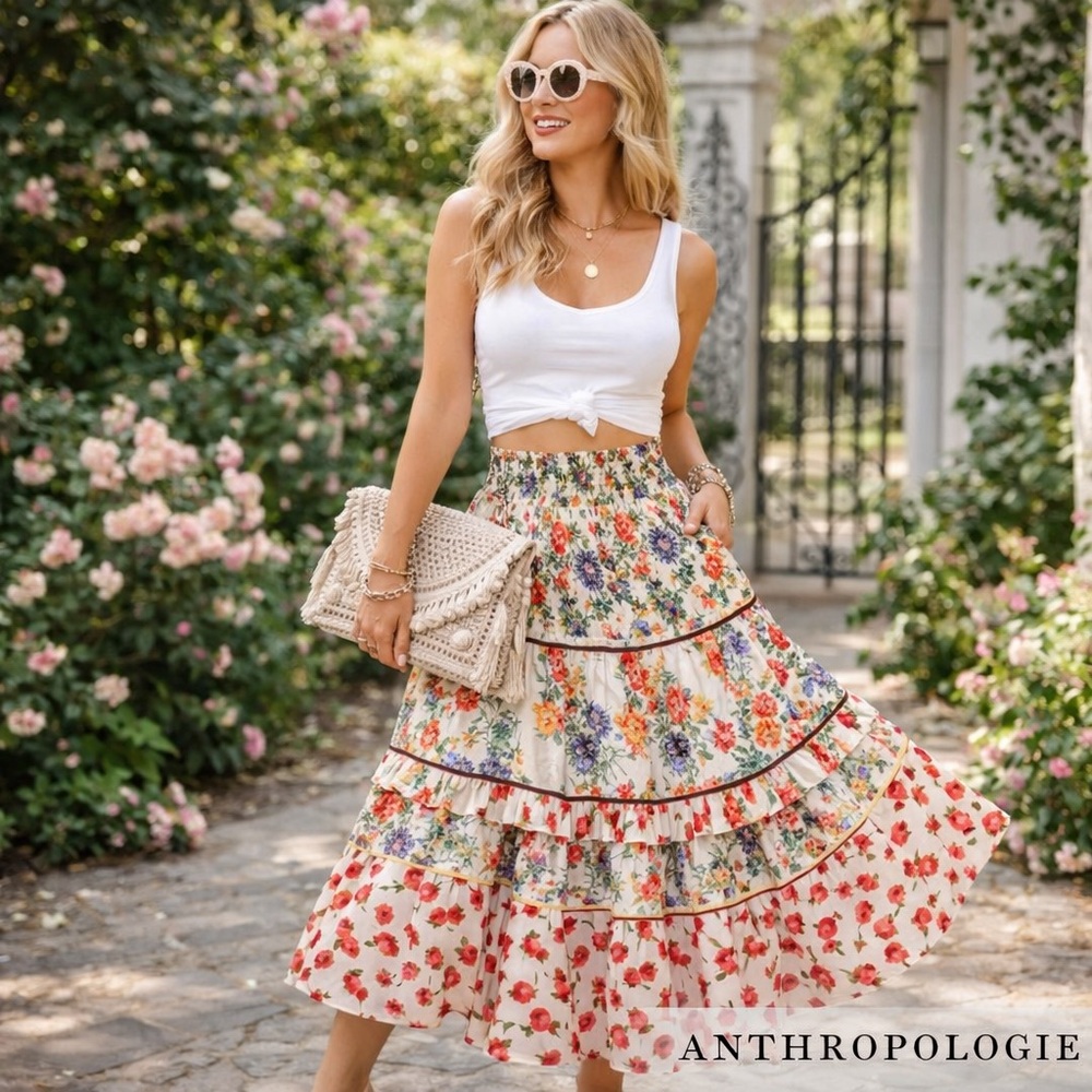 Anthro’s Lorraine Tiered Floral Boho Skirt Smocked Waist Lined Festival Size XS